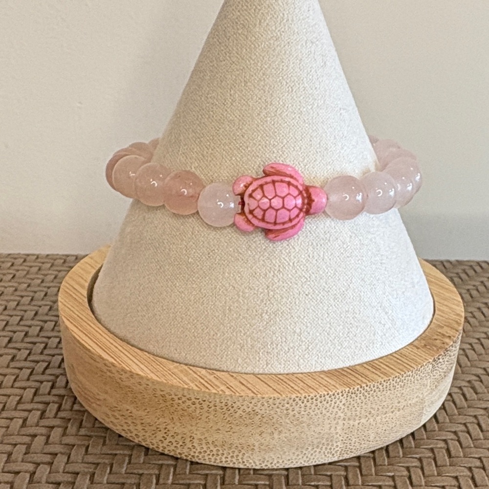 Rose Quartz Stretch Beaded Bracelet with Punk Turtle